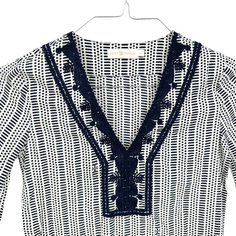 TORY BURCH Tunic Top Geometric Side Slits Long Sleeve Blue Cream - Picture 3 of 7